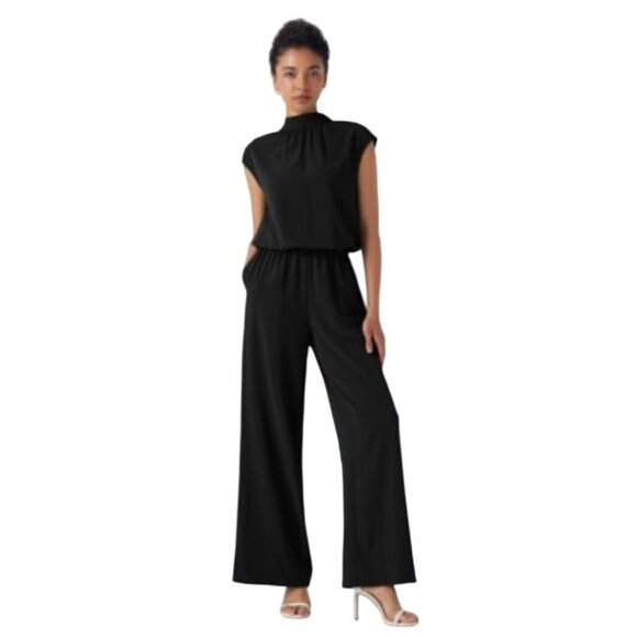 Halara Wide Leg Black Sleeveless Jumpsuit Size M NWT Open Back Mock Neck Pockets - Picture 1 of 9